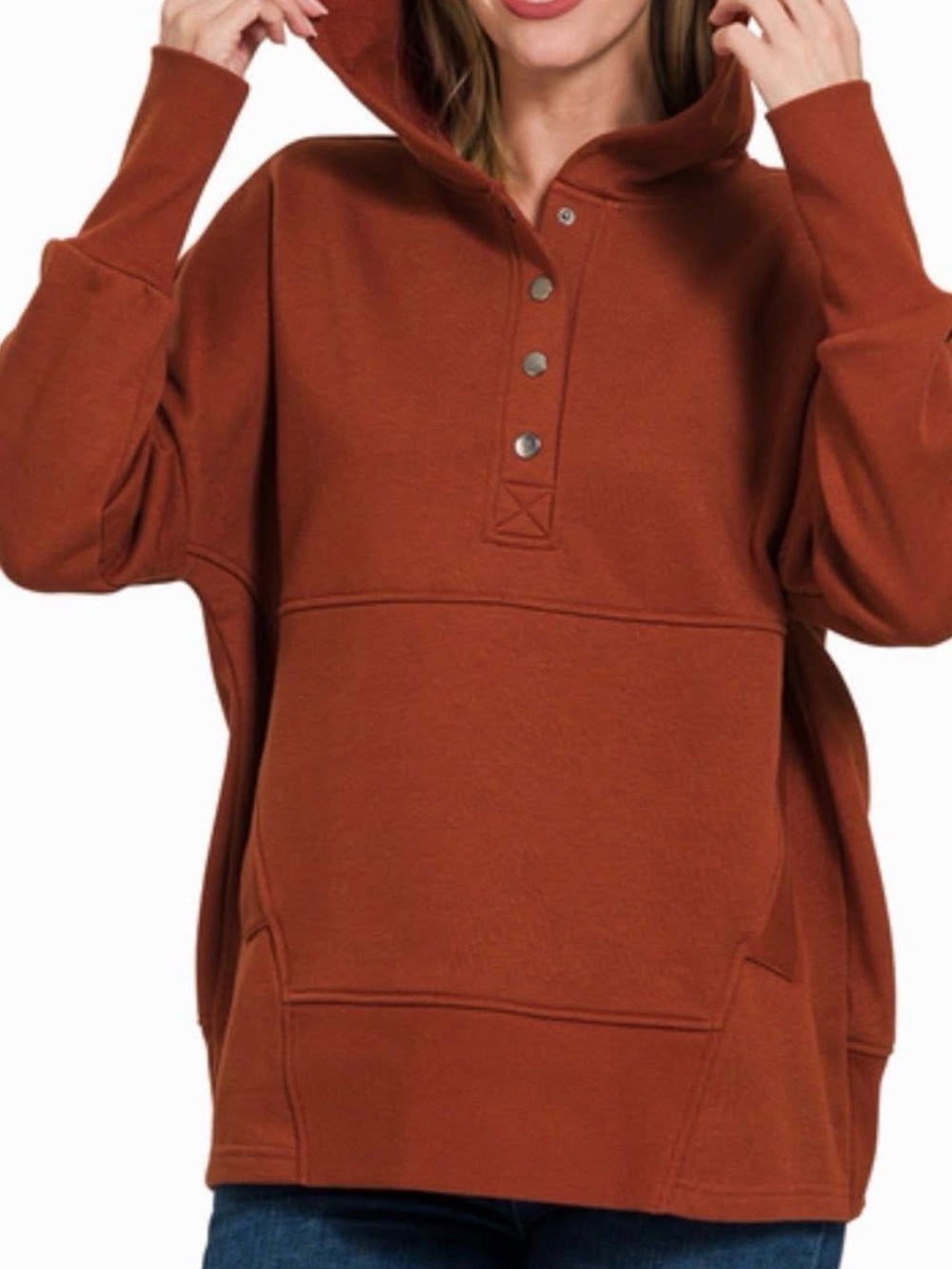 Women’s Rust Brown Hooded half snap with pockets